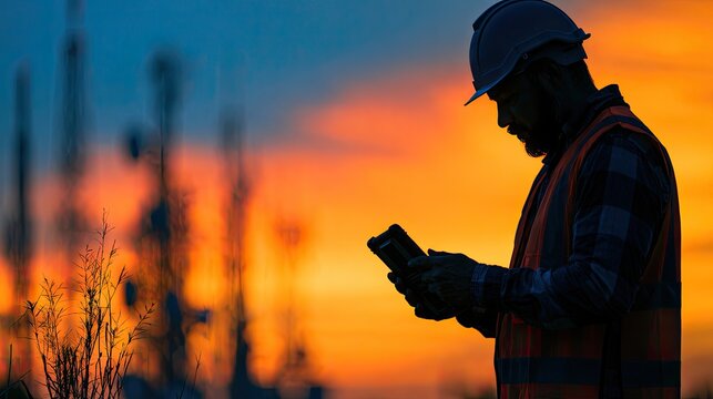 Silhouetted worker in safety gear examines a digital device against a vibrant sunset