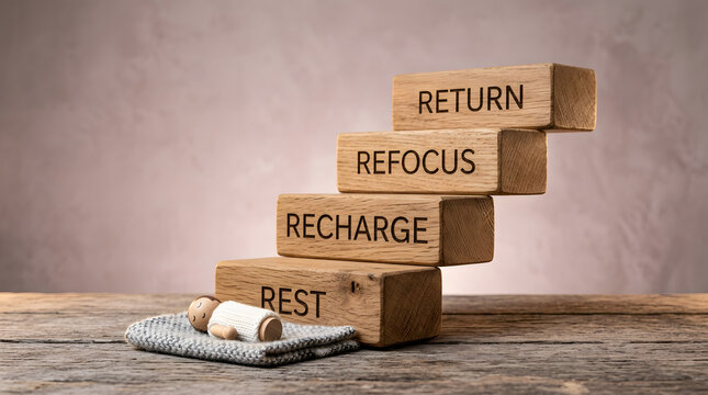 mental health self care concepts | wooden blocks rest recharge refocus return | work life balance mindfulness inspiration | steps to recovery and productivity