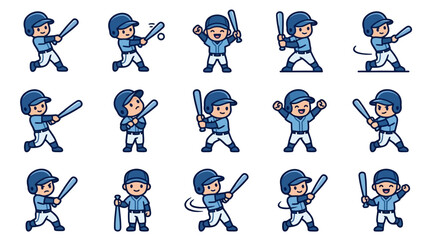 Blue cartoon baseball player icons in action poses.