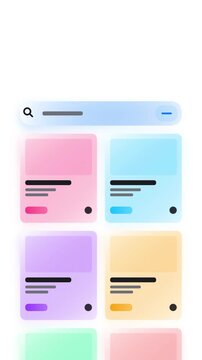 Motion portrait dashboard colorful grid light mode app interface search bar menu cards layout modern web design concept minimalist clean UI elements mobile application mockup