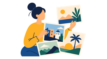 Obraz premium Woman arranging travel photos on display boards.