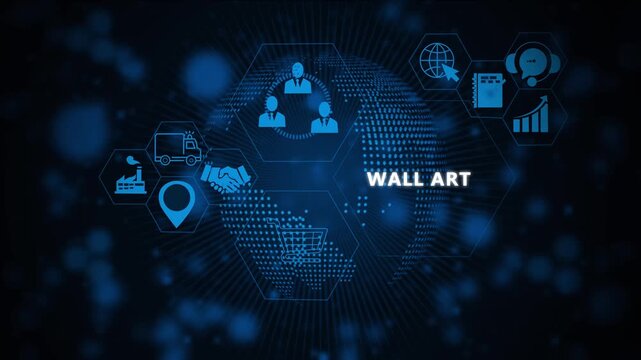Digital global business network concept featuring interactive hexagonal ui and corporate for modern enterprise communication, data connectivity, and wall visualization