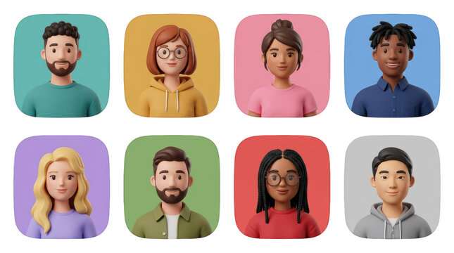 Collection of diverse cartoonstyle avatars featuring men and women with various hair colors, styles, and clothing, set against colorful backgrounds isolated on transparent background