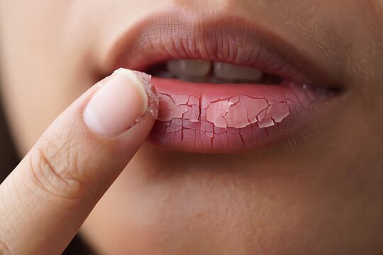 Dry, cracked lips being pulled apart by fingers