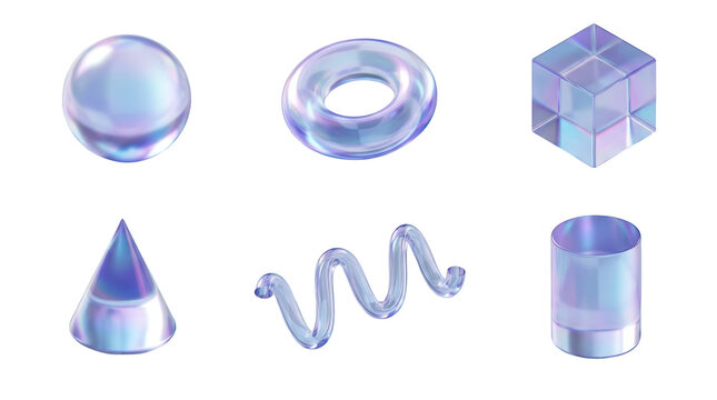 Collection of six iridescent 3d geometric objects including sphere, torus, cube, cone, wavy line, and cylinder with a shiny, holographic surface on a transparent background