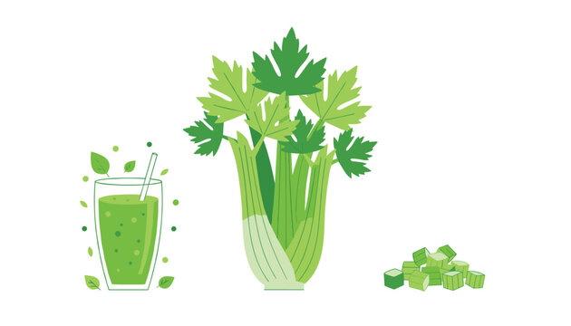 Fresh green celery concept showing a tall glass of healthy green juice, a whole bunch of raw celery stalks, and chopped celery cubes.