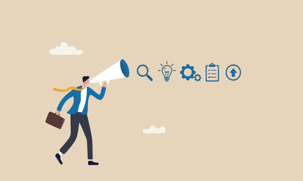 Design thinking process, strategic thinking to create and develop solution to solve problem concept, businessman thinking with empathy, define, ideate, prototype and test idea for implementation