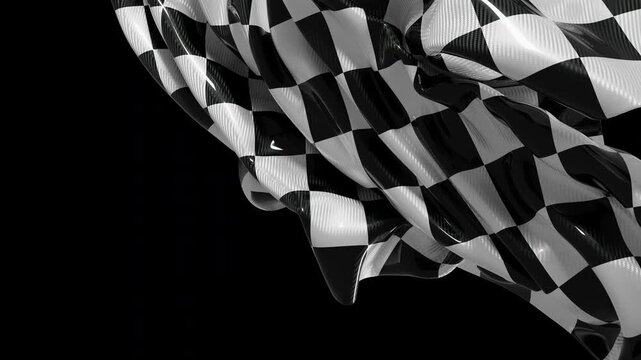 Dynamic black and white motorsport finish banner with carbon texture details