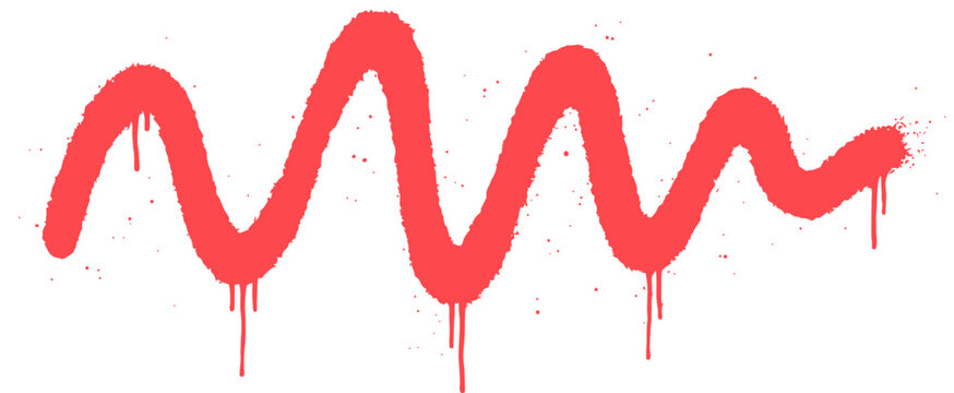 Red graffiti spray paint wave, urban street art squiggle with paint drips, vibrant spray painted line vector on white background