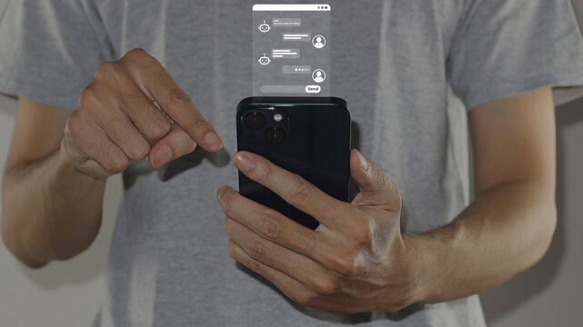 AI chat agent on a smartphone to receive smart customer support, featuring robot icons, user profile avatars, chat bubbles, and send button for automated business assistance