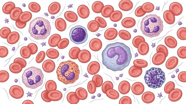 Microscopic view of human red and white blood cells with platelets