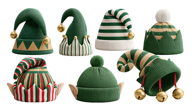 Christmas elf hats collection, festive green and gold holiday headwear, 7 knitted santa helper caps isolated on Transparent Background