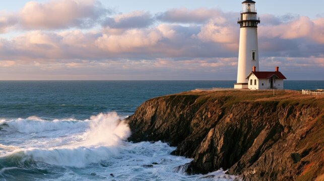 Tall coastal tower stands sentinel over crashing waves on a rocky promontory