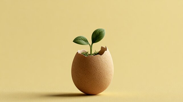 A tiny green sprout emerges from a cracked brown eggshell on a pale yellow background
