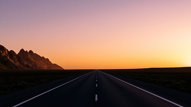 Open road stretches towards distant mountains under a soft, gradient sunset sky