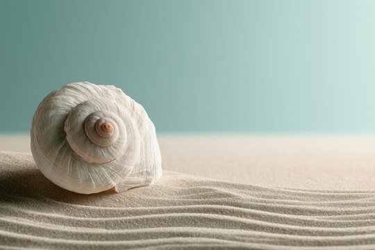 A textured seashell rests on rippled sand against a soft blue background