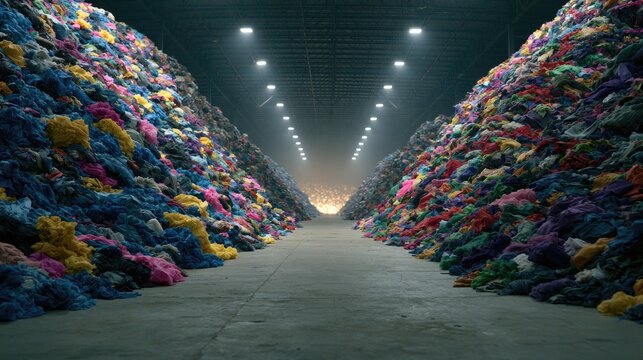 Vast industrial warehouse filled with towering, colorful piles of textiles
