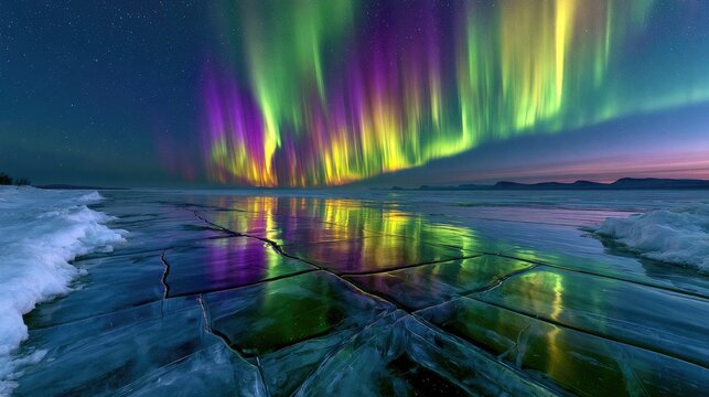 Ethereal aurora borealis dances vibrantly across a starlit sky over frozen landscape