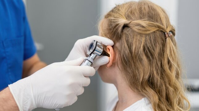 Medical professional using otoscope to check little girls ear during routine pediatric physical examination.