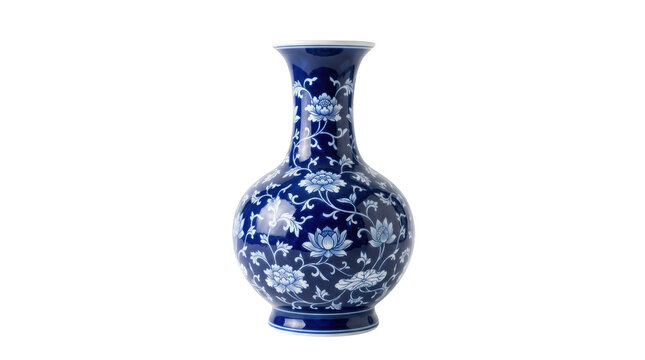 Elegant blue and white porcelain vase with intricate floral patterns, tall slender neck, and rounded body, isolated on transparent background