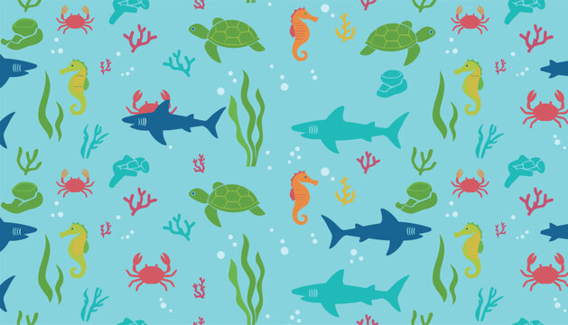 Seamless pattern featuring colorful sea creatures like sharks, turtles, seahorses, and crabs swimming amongst underwater coral and seaweed.