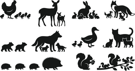 Animal Families Black Silhouette Icons Hen Chicks Deer Fawn Rabbit Fox Bear Wolf Duck Cat Hedgehog Squirrel Vector Set © MSTJOSNA