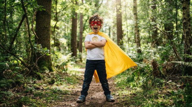A confident Asian boy wearing a homemade red superhero mask and yellow cape stands with arms crossed, shouting in a park. He shows boy power, courage, and creative childhood imagination outdoors.