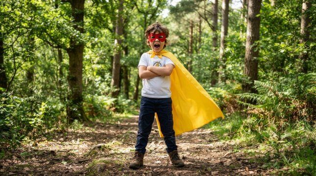 A confident Asian boy wearing a homemade red superhero mask and yellow cape stands with arms crossed, shouting in a park. He shows boy power, courage, and creative childhood imagination outdoors.