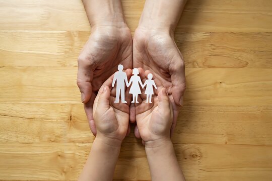 Hands Holding Family Symbol Together On Wooden Surface