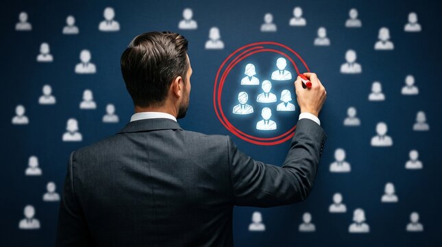 Target audience segmentation concept, businessman selecting customer group with red circle, marketing strategy and human resources management