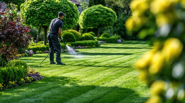 Person spraying lush green lawn and garden beds in sunlight