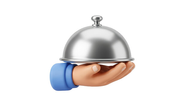 Hand holding silver serving tray with dome cover, closeup of a service presentation in a professional setting isolated on transparent background