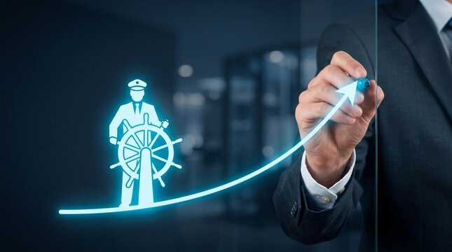 Business leadership and strategic direction concept, businessman drawing growth arrow with captain steering wheel icon, corporate success and navigation