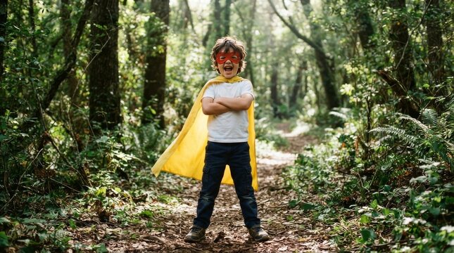 A confident Asian boy wearing a homemade red superhero mask and yellow cape stands with arms crossed, shouting in a park. He shows boy power, courage, and creative childhood imagination outdoors.