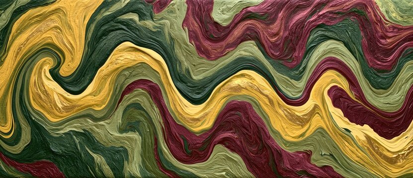 Swirling bands of deep green, ochre, and maroon create an abstract, organic flow