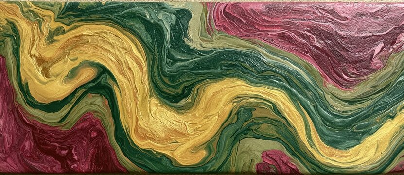 Swirling organic patterns of deep green, mustard yellow, and vibrant magenta