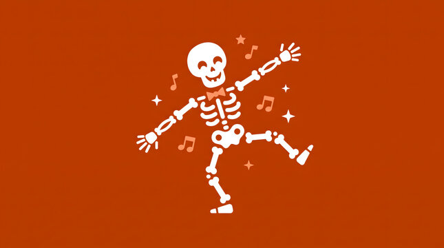 Cute Funny Skeleton Dancing with Music Notes on Red Background