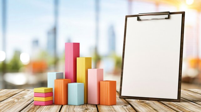 A clipboard rests beside colorful blocks arranged to resemble a bar chart on a wooden surface.