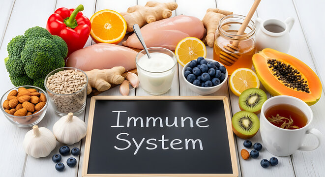 A variety of healthy foods that boost the immune system, including fruits, vegetables, and lean protein.