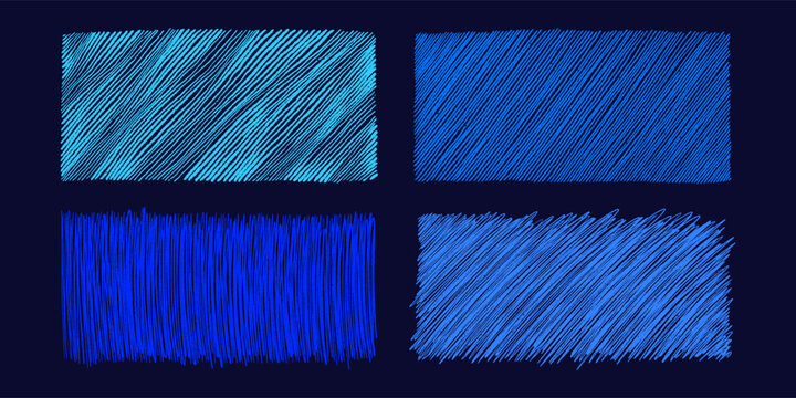 Textured line print featuring hand sketched diagonal blue stroke, vertical hatching and doodle element with pencil shading and geometric rain drops on black backdrop. Vector abstract scribble set