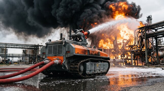 Remote controlled firefighting robot extinguishing industrial fire at refinery plant⁠