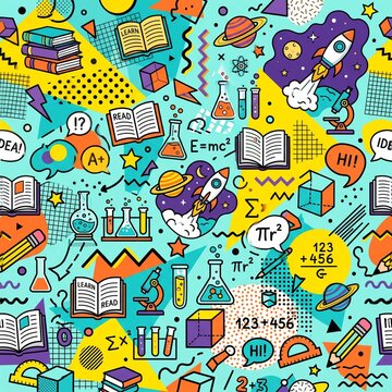 Colorful back to school seamless pattern with science and math doodles education mathematics