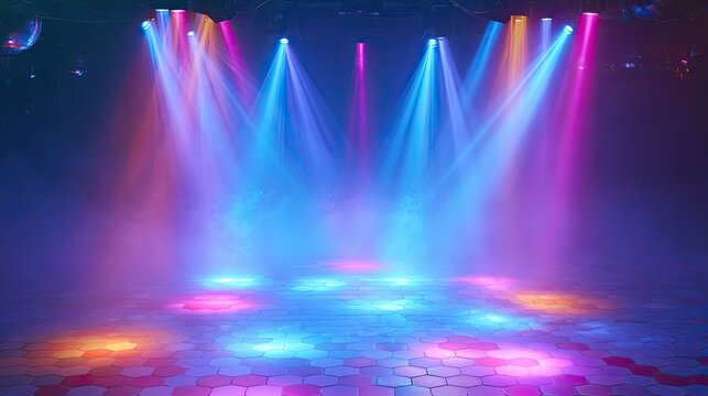 Colorful stage lights illuminate a smoky, hexagonal dance floor