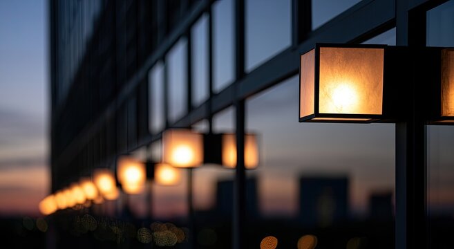 Row of illuminated wall sconces on a modern building at dusk