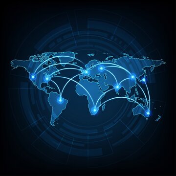 Blue Global Network Map With Connecting Flight Paths and Destination Markers for Travel Technology