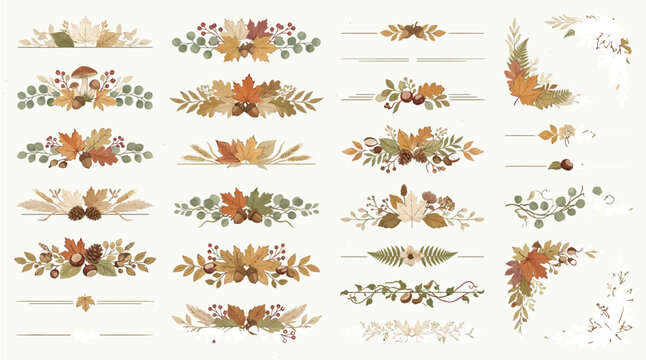 Set of hand drawn autumn leaf dividers and corner frames for seasonal decorative graphic design projects with embellishments featuring various displays collection hand leaves acorns berries foliage