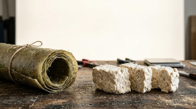 Sustainable Biomaterials on Wooden Desk: A roll of green algae-based bioplastic and blocks of white mycelium foam rest on a rustic wooden table, showcasing innovative eco-friendly packaging alternativ