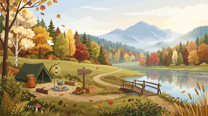 Peaceful autumn camping scene by mountain lake with depicts tranquil autumn campsite tent fire pit near lake backpacking countryside recreation landscape mountains adventure outdoors campfire © craftsby.ib