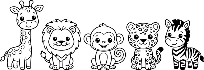 Cute safari animals line art vector illustration set featuring kawaii cartoon giraffe lion monkey leopard and zebra for kids coloring page book activity design © Lili Begum