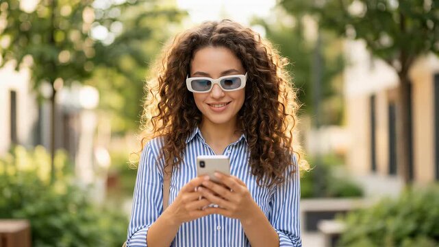 Woman looking at smartphone while smiling outdoors. She is surrounded by greenery with buildings in the background. Concept of technology, communication, lifestyle